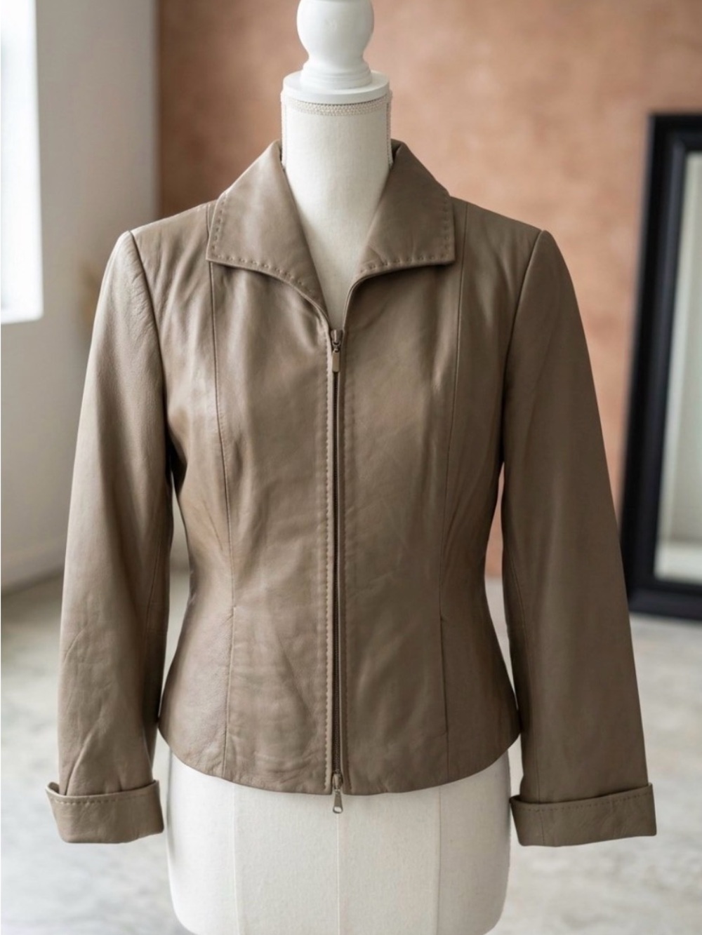 Terry Lewis Classic Luxuries Taupe Genuine Leather Zip-Up Jacket - Medium